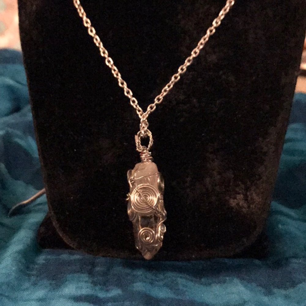 Wire wrapped clear quartz crystal pendant necklace